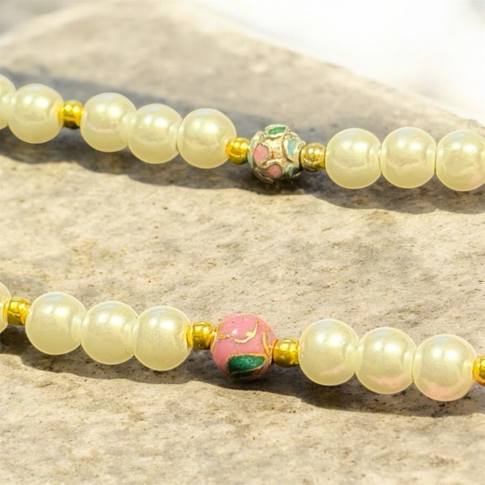 Handcrafted Cloisonné Pearl and Gold Beaded Necklace - Picture 11 of 12